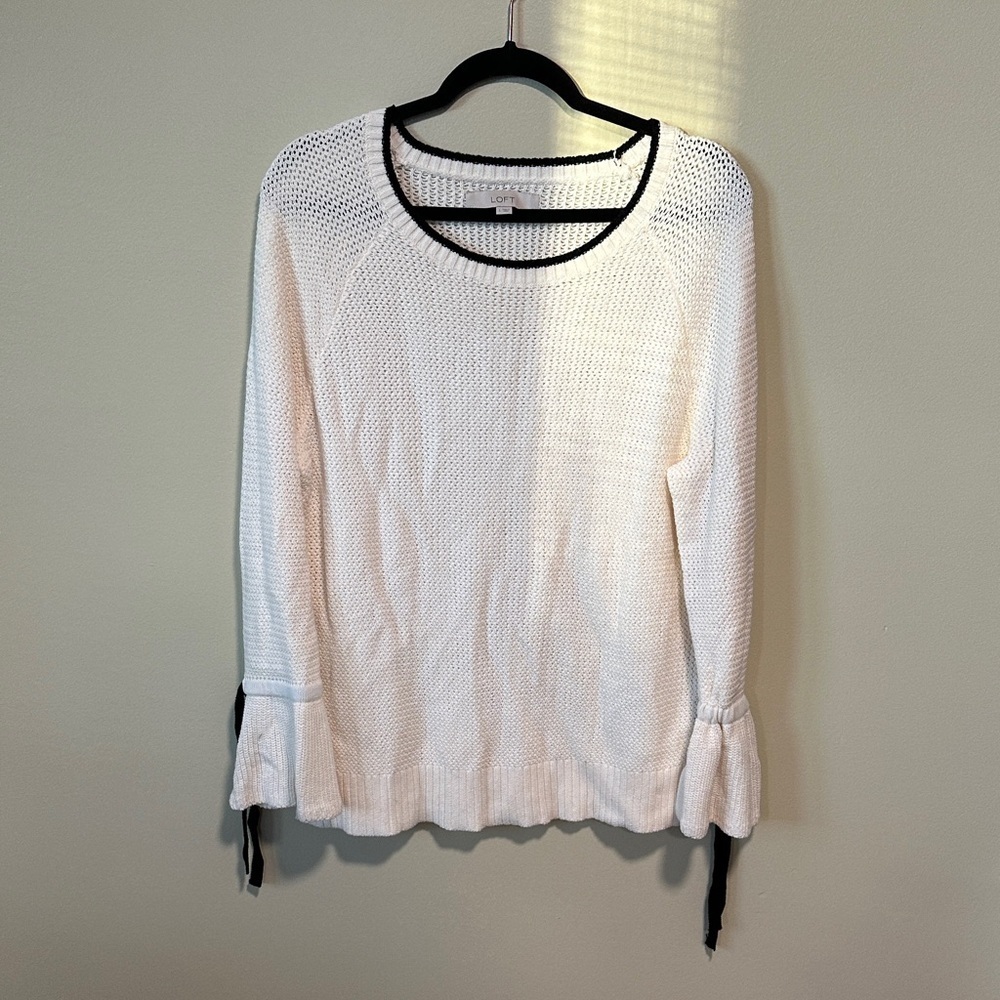 Loft Knit Cream Sweater with Bell Sleeves and Black Bow Ties Size Large